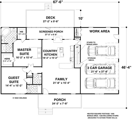 House Plan 93481 with 2 Beds, 3 Baths, 3 Car Garage First Level Plan