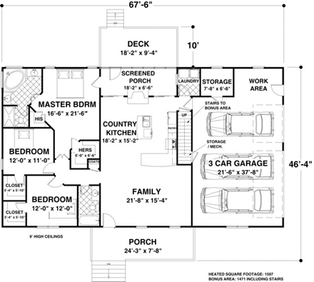 House Plan 93482 with 3 Beds, 2 Baths, 3 Car Garage First Level Plan