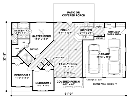 Country, Ranch House Plan 93484 with 3 Beds, 2 Baths, 2 Car Garage First Level Plan