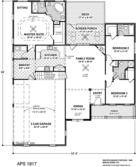 Ranch, Traditional House Plan 93486 with 3 Beds, 3 Baths, 3 Car Garage First Level Plan