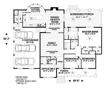 Bungalow, Country, Craftsman House Plan 93495 with 4 Beds, 3 Baths, 3 Car Garage First Level Plan