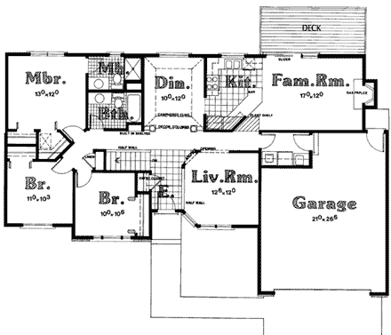 Bungalow, One-Story, Ranch House Plan 93901 with 3 Beds, 2 Baths First Level Plan