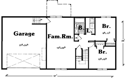 European House Plan 93903 with 2 Beds, 1 Baths, 2 Car Garage First Level Plan