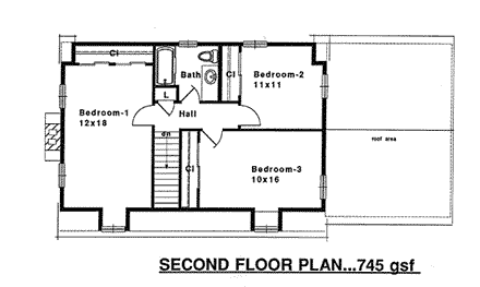 Farmhouse House Plan 94005 with 3 Beds, 2 Baths, 1 Car Garage Second Level Plan