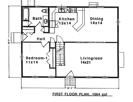 Colonial, Saltbox House Plan 94007 with 4 Beds, 2 Baths First Level Plan