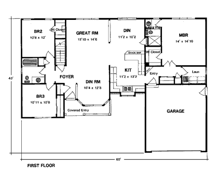 One-Story, Ranch House Plan 94116 with 3 Beds, 2 Baths, 2 Car Garage First Level Plan