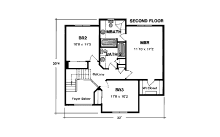 European House Plan 94119 with 3 Beds, 3 Baths, 2 Car Garage Second Level Plan