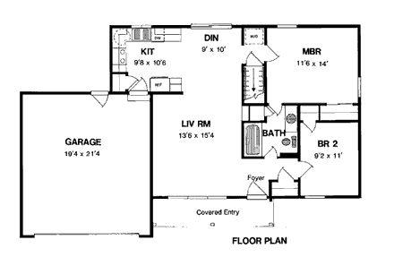 One-Story, Ranch House Plan 94126 with 2 Beds, 1 Baths, 2 Car Garage First Level Plan