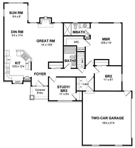 Cottage, Ranch House Plan 94128 with 3 Beds, 2 Baths, 2 Car Garage First Level Plan