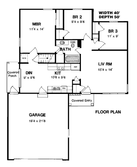 One-Story, Ranch House Plan 94129 with 3 Beds, 1 Baths, 2 Car Garage First Level Plan
