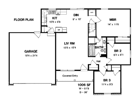 One-Story, Ranch House Plan 94130 with 3 Beds, 1 Baths, 2 Car Garage First Level Plan