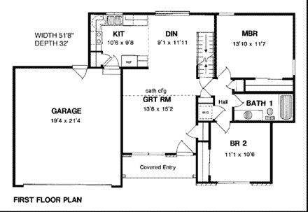 Country House Plan 94131 with 3 Beds, 2 Baths, 2 Car Garage First Level Plan