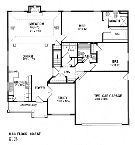 Cape Cod, Coastal, Cottage, Craftsman, Ranch House Plan 94133 with 2 Beds, 2 Baths, 2 Car Garage First Level Plan