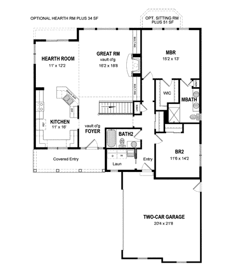 Bungalow, Cottage, Ranch House Plan 94147 with 2 Beds, 2 Baths, 2 Car Garage First Level Plan