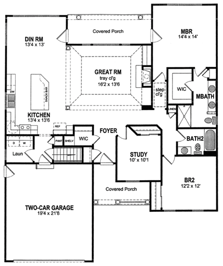 One-Story, Ranch House Plan 94151 with 2 Beds, 2 Baths, 2 Car Garage First Level Plan