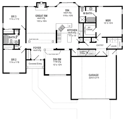 One-Story, Ranch House Plan 94155 with 3 Beds, 2 Baths, 2 Car Garage First Level Plan