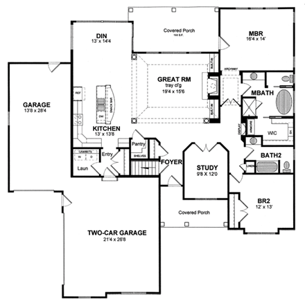 One-Story, Ranch House Plan 94157 with 2 Beds, 2 Baths, 3 Car Garage First Level Plan