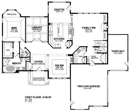 European, Tudor House Plan 94175 with 3 Beds, 3 Baths, 3 Car Garage First Level Plan