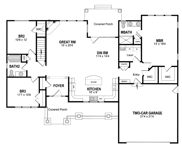 Country, Craftsman, Ranch, Traditional House Plan 94182 with 3 Beds, 2 Baths, 2 Car Garage Level One
