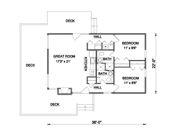 Cabin House Plan 94307 with 2 Beds, 2 Baths Level One