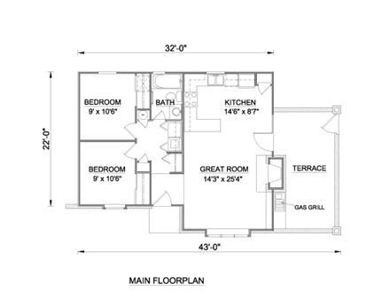 Cabin, Tudor House Plan 94329 with 2 Beds, 1 Baths First Level Plan