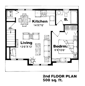 2 Car Garage Apartment Plan 94340 with 1 Beds, 1 Baths Second Level Plan