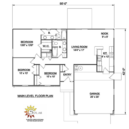 One-Story, Ranch House Plan 94356 with 3 Beds, 2 Baths, 2 Car Garage First Level Plan
