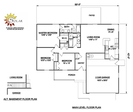 One-Story, Ranch House Plan 94358 with 3 Beds, 2 Baths, 2 Car Garage First Level Plan