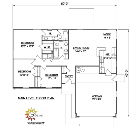 One-Story, Ranch House Plan 94359 with 3 Beds, 2 Baths, 2 Car Garage First Level Plan