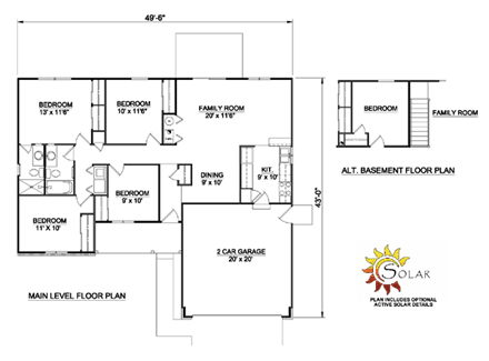 Ranch House Plan 94363 with 4 Beds, 2 Baths, 2 Car Garage First Level Plan