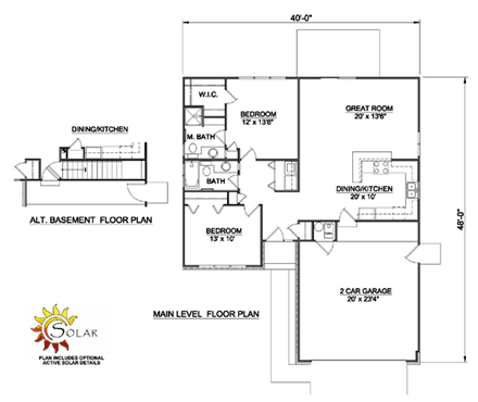 One-Story, Ranch House Plan 94364 with 2 Beds, 2 Baths, 2 Car Garage First Level Plan
