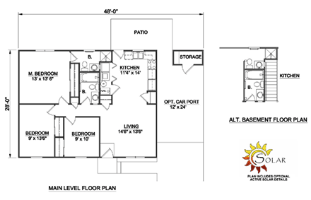 Ranch House Plan 94365 with 3 Beds, 2 Baths, 1 Car Garage First Level Plan