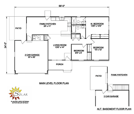 One-Story, Ranch House Plan 94367 with 3 Beds, 2 Baths, 2 Car Garage First Level Plan
