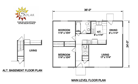 One-Story, Ranch House Plan 94370 with 2 Beds, 1 Baths First Level Plan