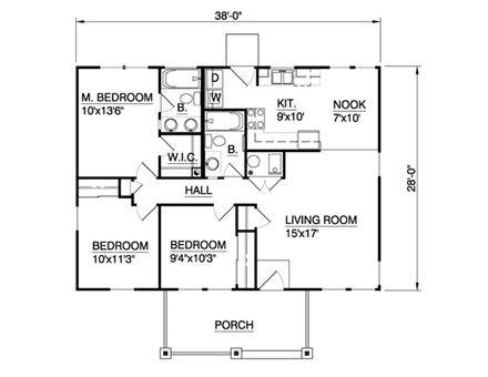 Country, Ranch House Plan 94372 with 3 Beds, 2 Baths First Level Plan