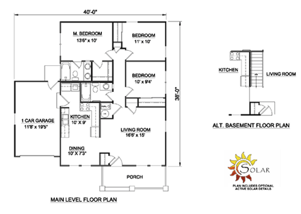 Bungalow, Country House Plan 94374 with 3 Beds, 2 Baths, 1 Car Garage First Level Plan