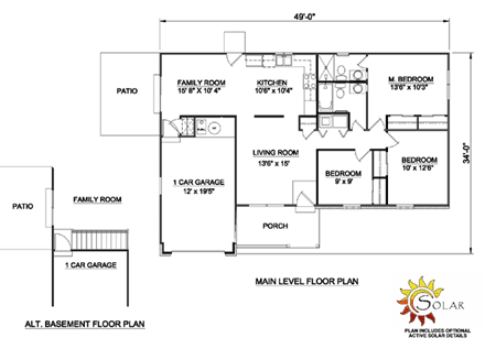 Ranch House Plan 94375 with 3 Beds, 2 Baths, 1 Car Garage First Level Plan