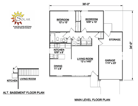 Ranch House Plan 94382 with 2 Beds, 1 Baths, 1 Car Garage First Level Plan