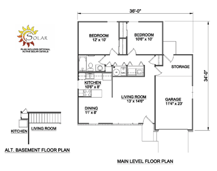 Ranch House Plan 94383 with 2 Beds, 1 Baths, 1 Car Garage First Level Plan