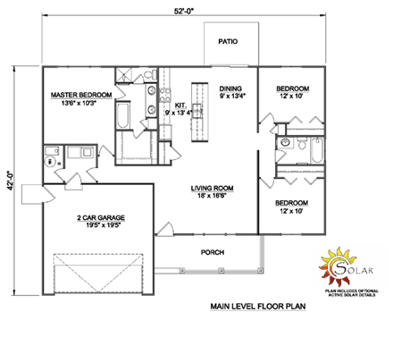 Ranch, Traditional House Plan 94385 with 3 Beds, 2 Baths, 2 Car Garage First Level Plan