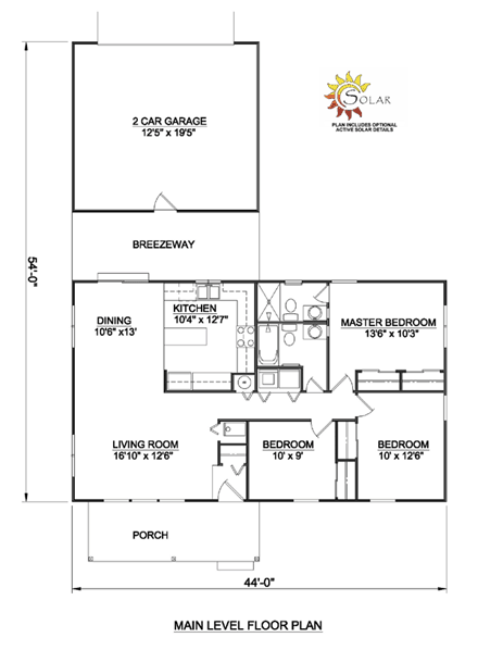 One-Story, Ranch House Plan 94386 with 3 Beds, 2 Baths, 2 Car Garage First Level Plan