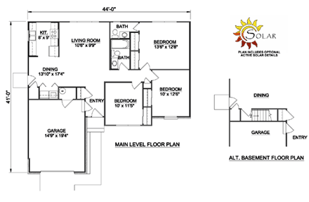 One-Story, Ranch House Plan 94406 with 3 Beds, 2 Baths, 1 Car Garage First Level Plan