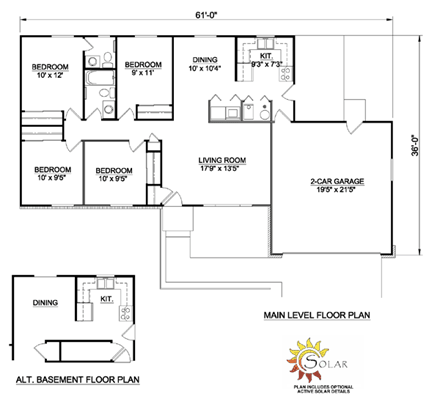 One-Story, Ranch House Plan 94407 with 4 Beds, 2 Baths, 1 Car Garage First Level Plan
