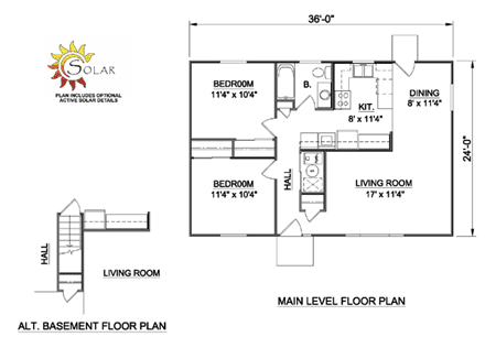 Ranch House Plan 94408 with 2 Beds, 1 Baths First Level Plan