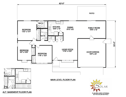 One-Story, Ranch House Plan 94411 with 3 Beds, 2 Baths, 2 Car Garage First Level Plan