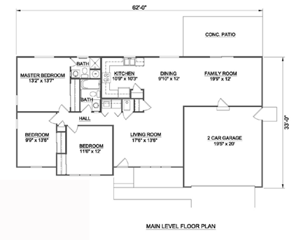 One-Story, Ranch House Plan 94412 with 3 Beds, 3 Baths, 2 Car Garage First Level Plan