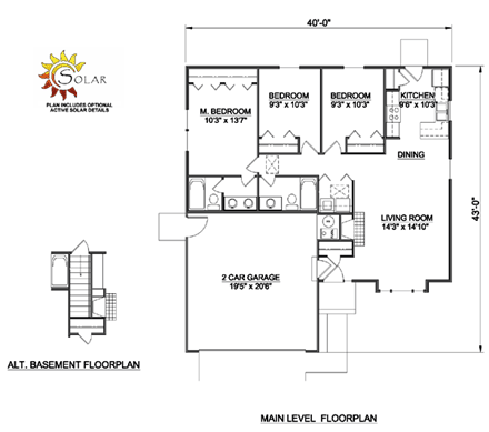 One-Story, Ranch House Plan 94418 with 3 Beds, 2 Baths, 2 Car Garage First Level Plan