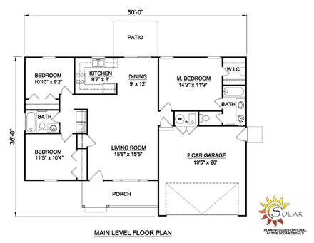 Ranch House Plan 94426 with 3 Beds, 2 Baths, 2 Car Garage First Level Plan