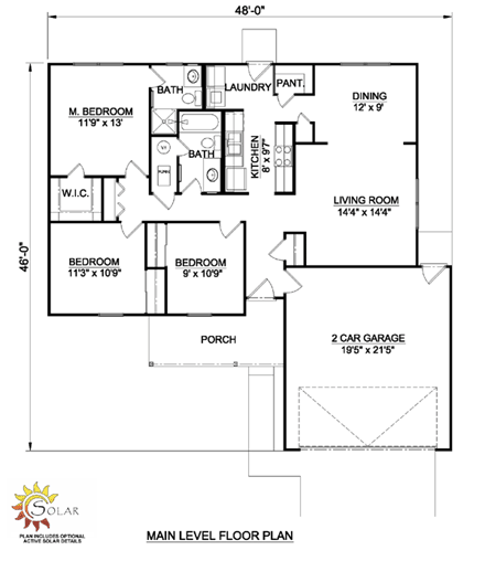 Ranch House Plan 94428 with 3 Beds, 2 Baths, 2 Car Garage First Level Plan