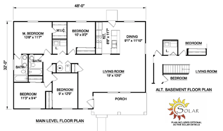 Ranch House Plan 94431 with 4 Beds, 2 Baths First Level Plan